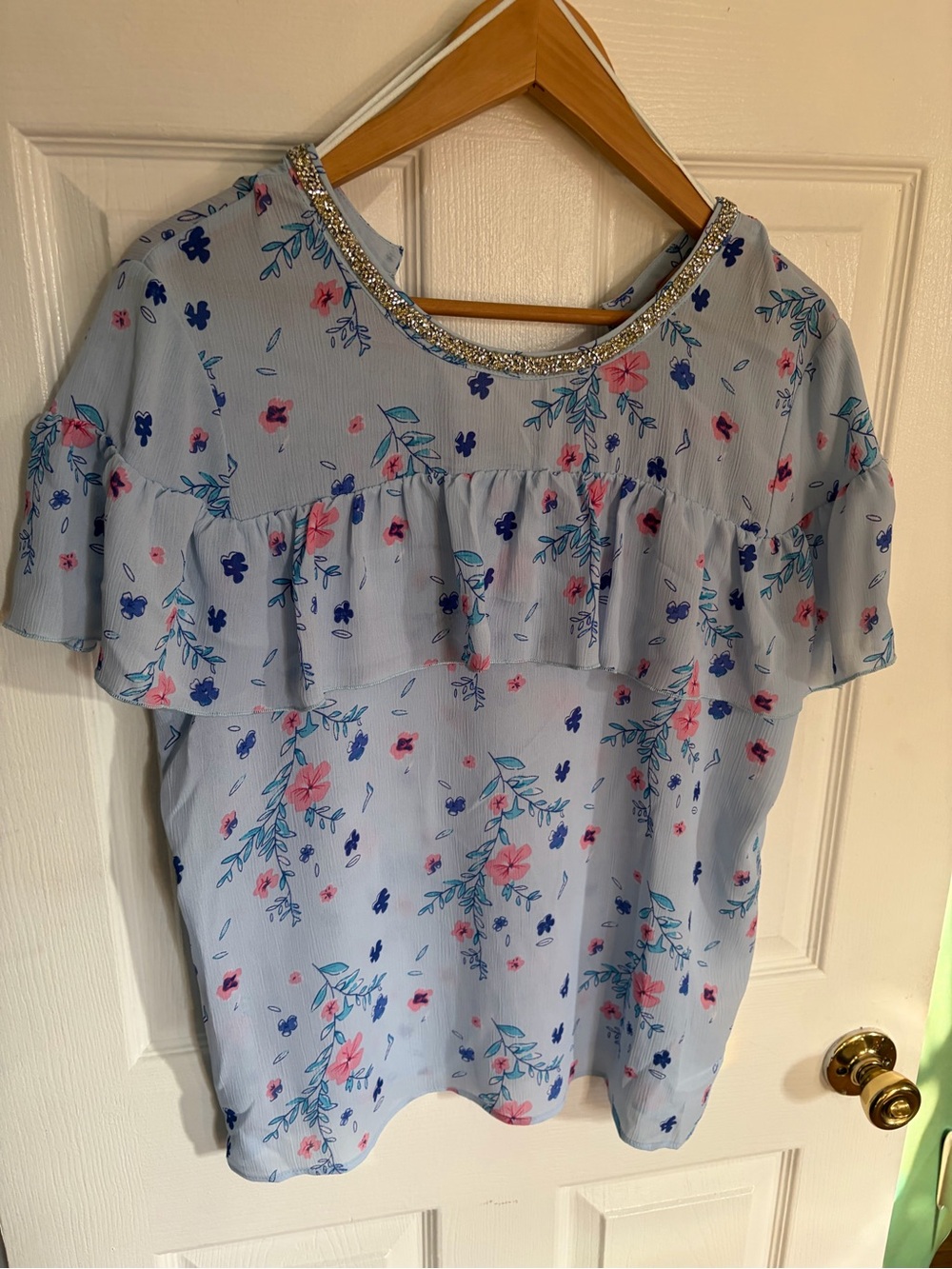 Juicy Couture Light Blue Floral Ruffle Top with Jeweled Neckline